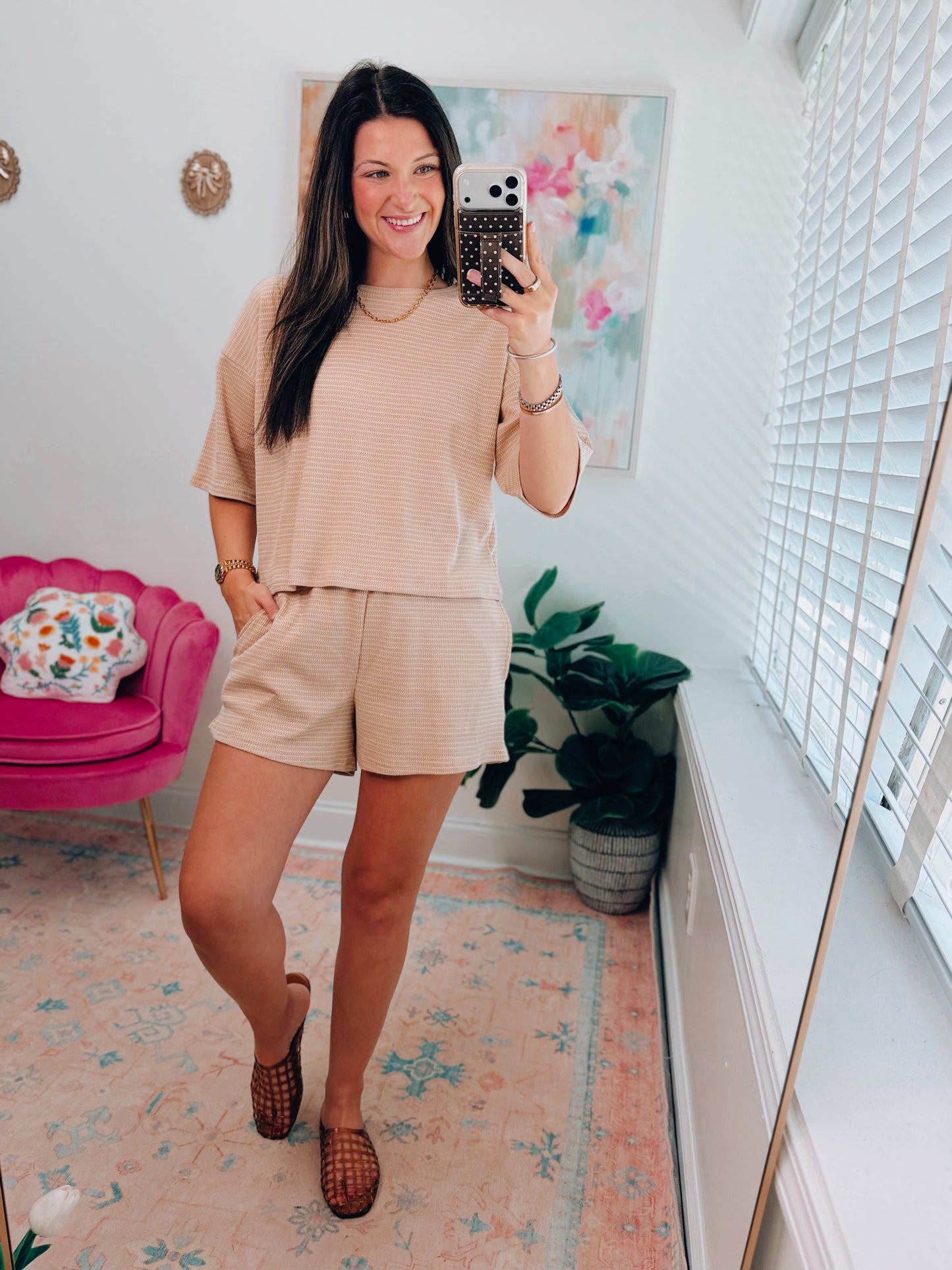 Tan Stripe Knit Shorts Set
