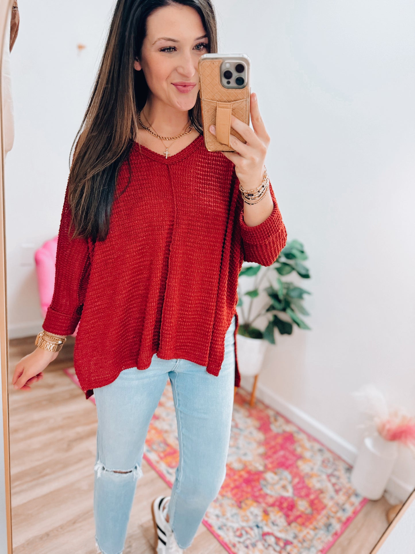 Mindi Waffle Knit Top - Cherry