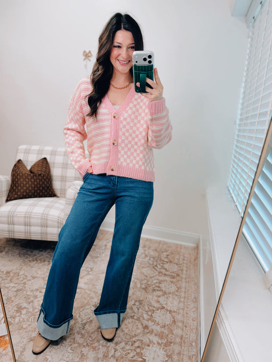 Checker and Stripe Cardigan Sweater - Pink