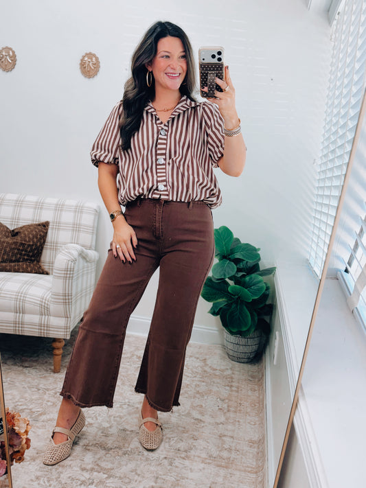 Mocha Stripe Bubble Hem Top