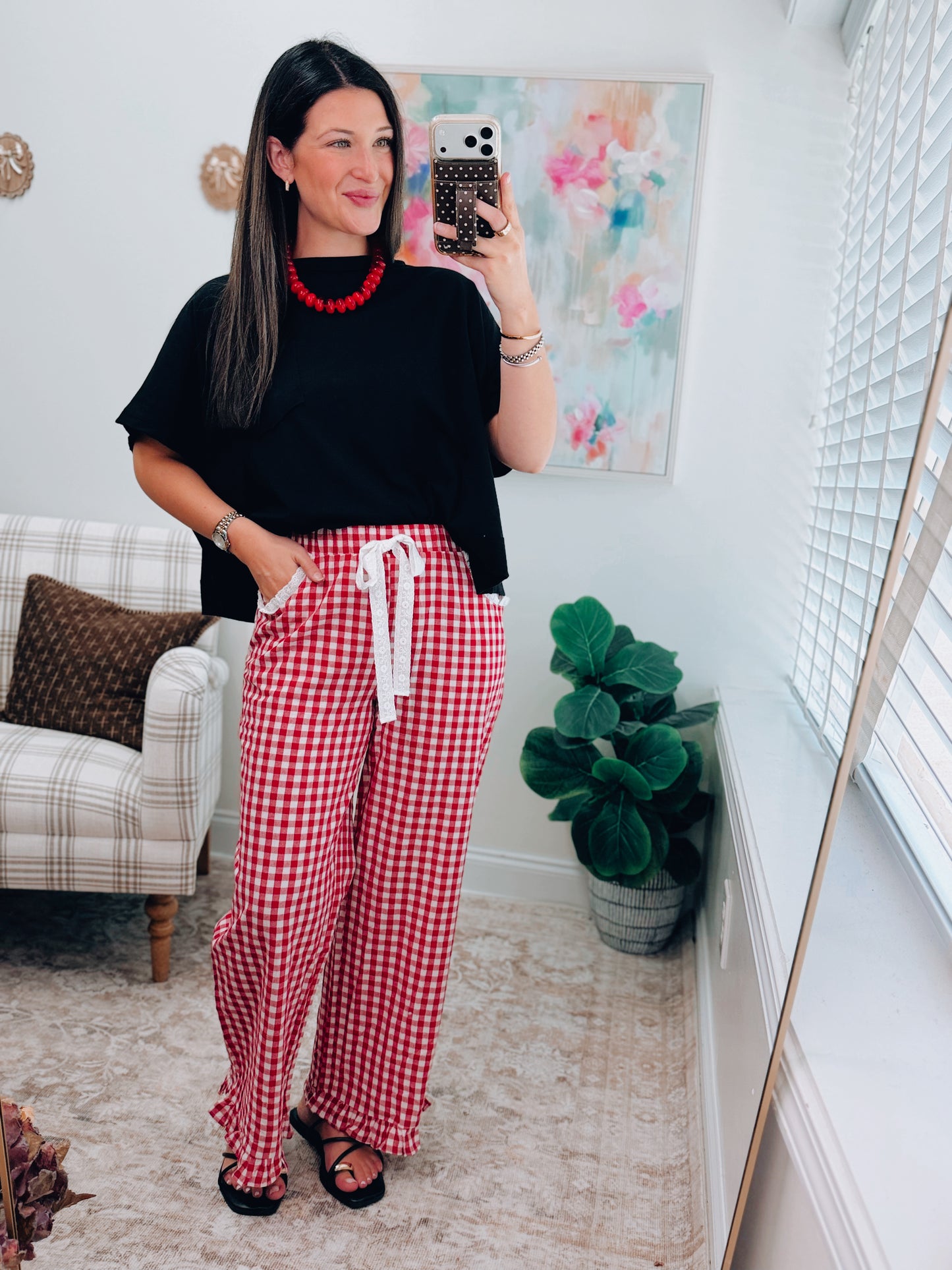 Red Gingham Lace Ruffle Pants