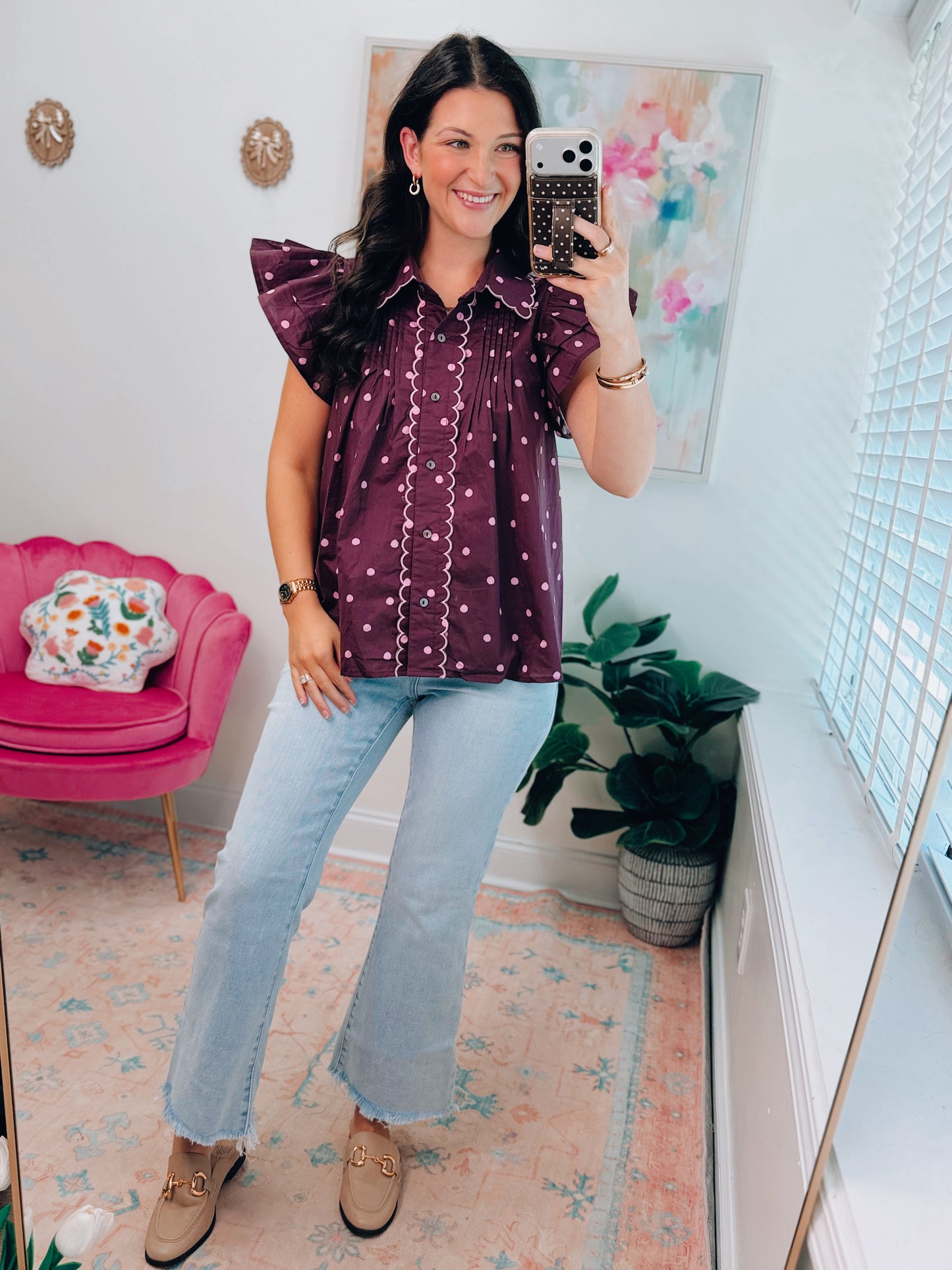 Plum Polka Dot Scallop Top