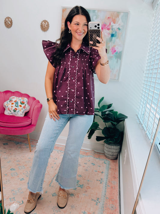 Plum Polka Dot Scallop Top