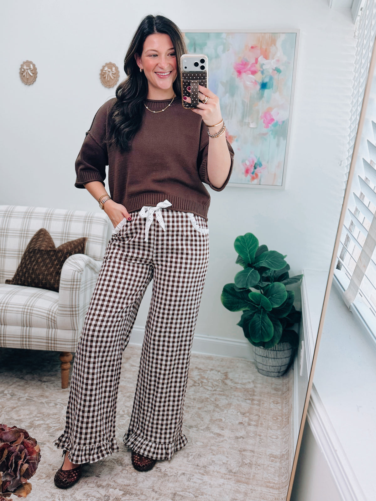 Brown Gingham Lace Ruffle Pants