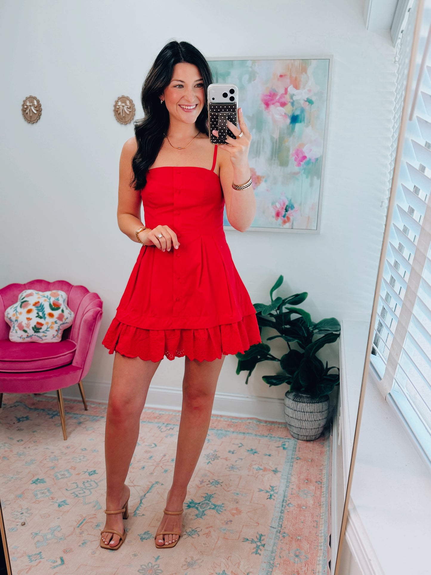 Poplin Pleated Eyelet Mini Dress - Red