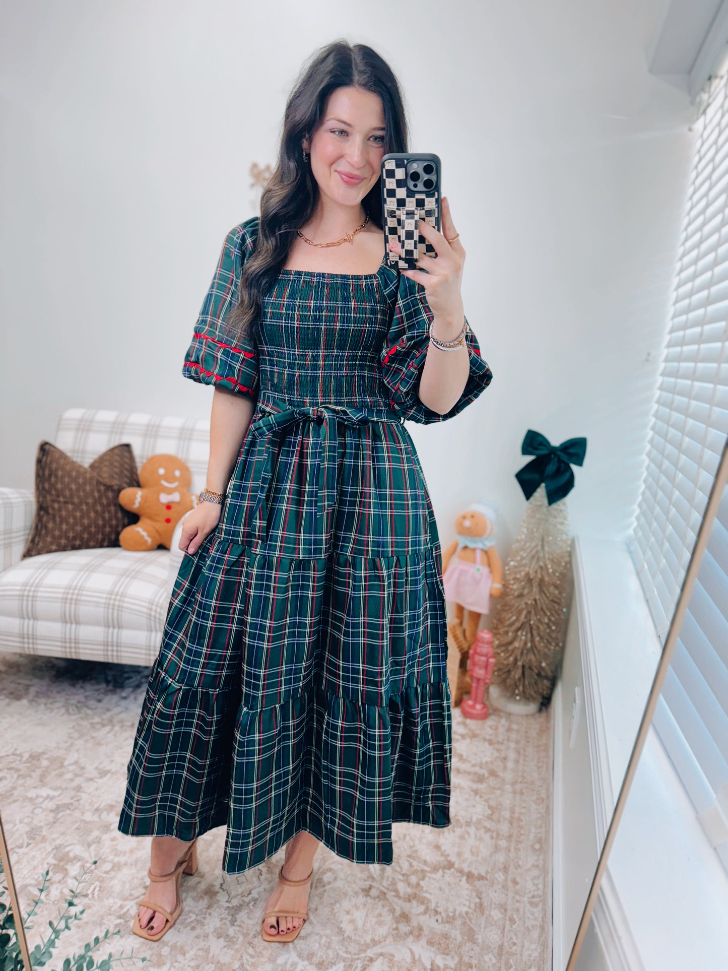 CURVY Smocked Plaid Tie Midi Dress - Green