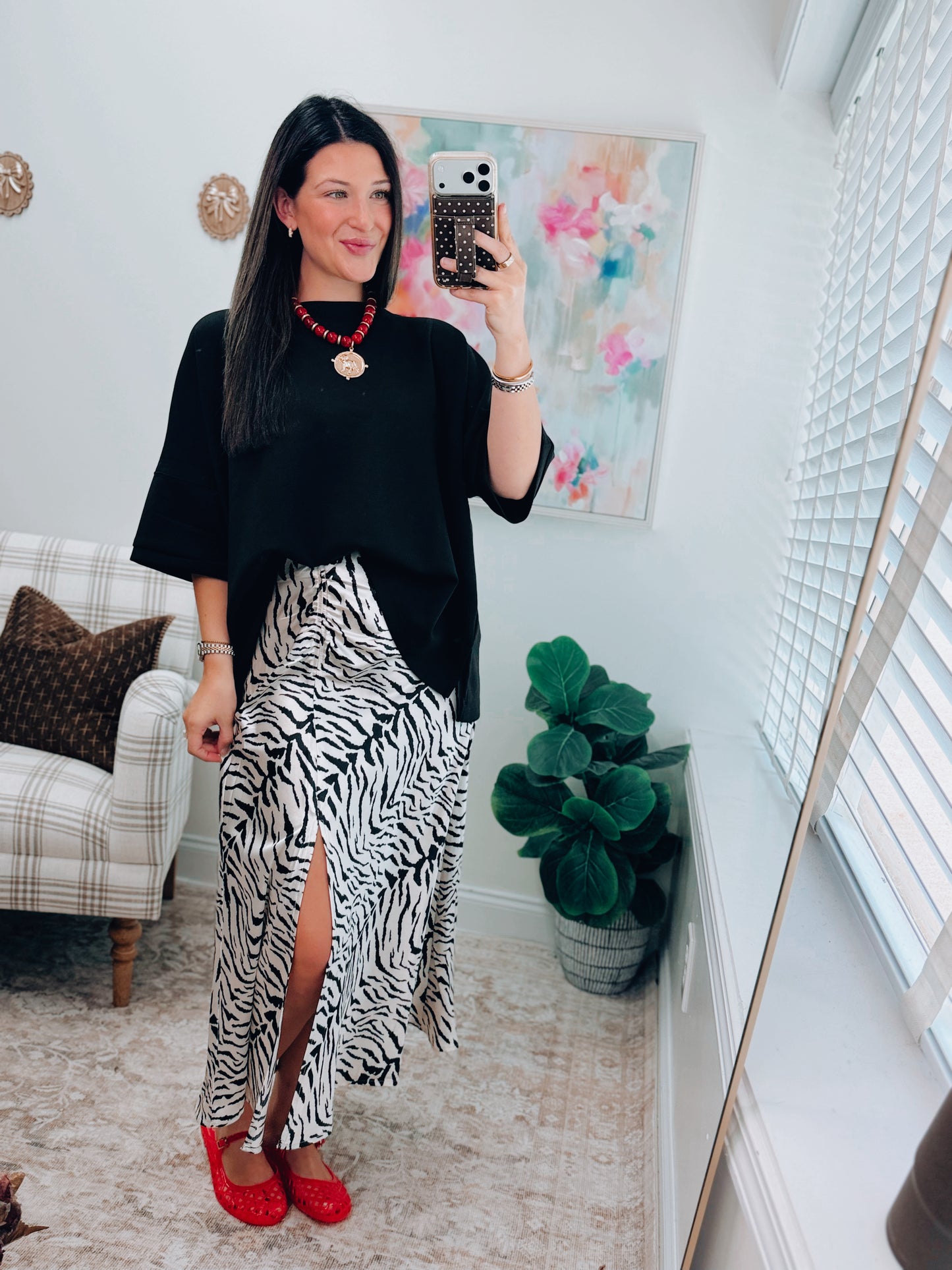 Zebra Satin Midi Rouche Skirt
