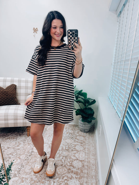 Stripe Knit Pullover Tee Dress - Black