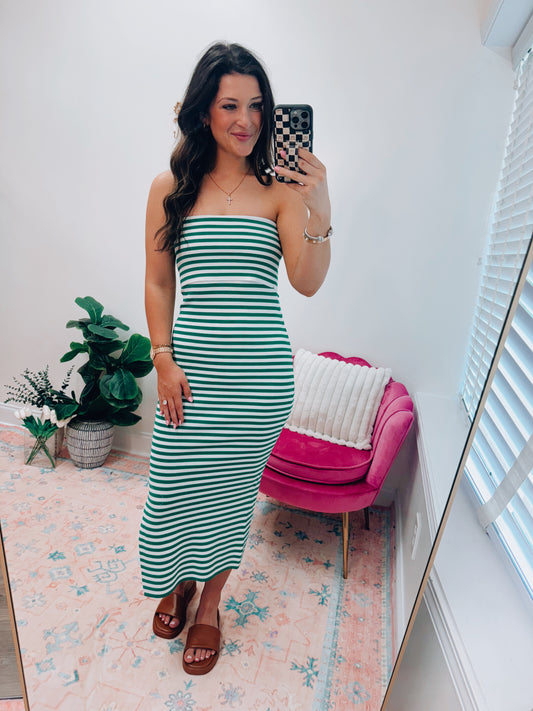 Strapless Striped Ribbed Midi Dress