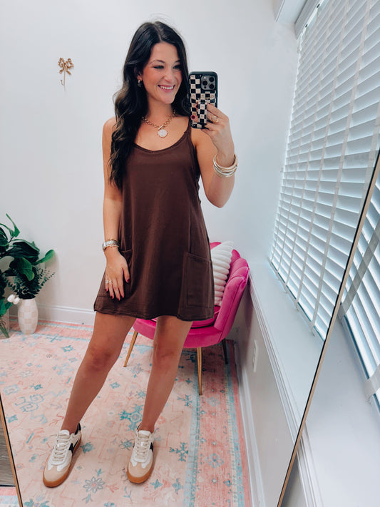 Chocolate Front Pocket Romper Dress