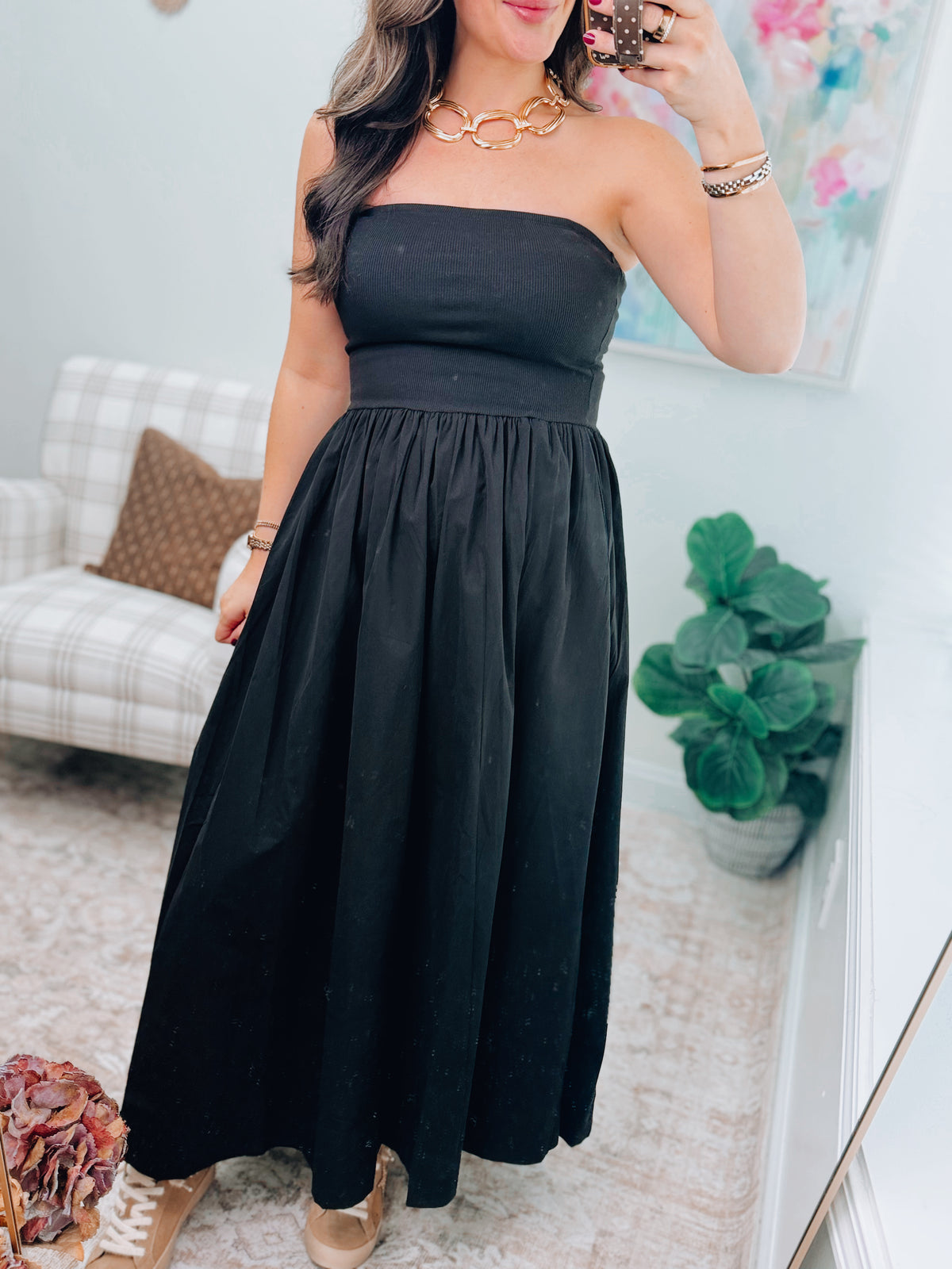 Black Strapless Flowy Maxi Dress