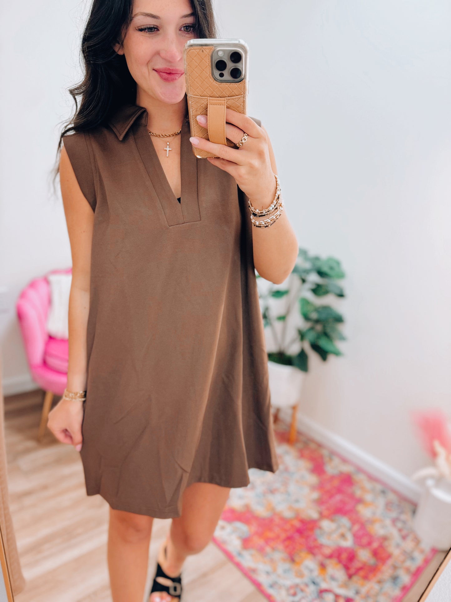 Cait Ribbed Collared Mini Dress - Chocolate