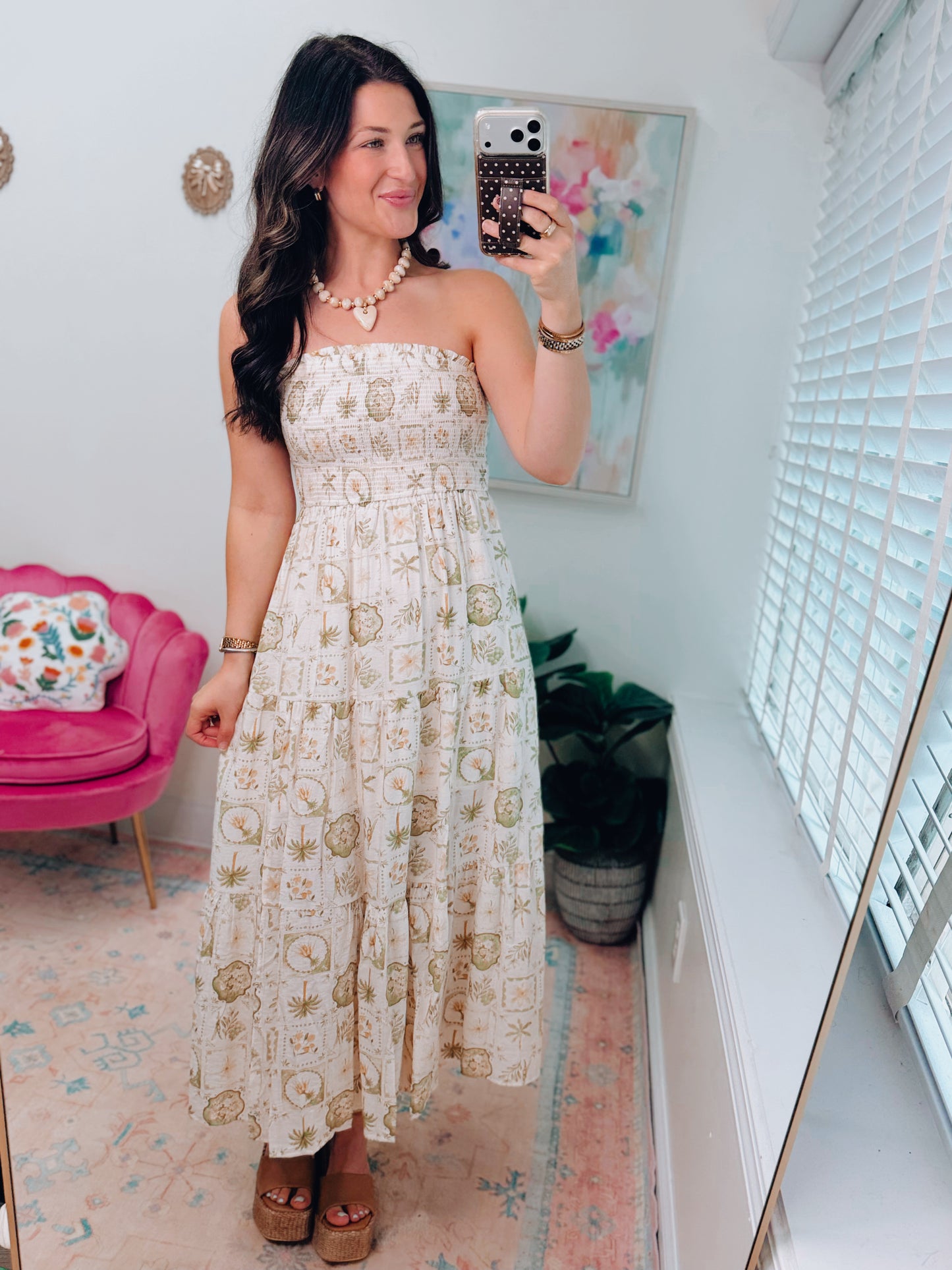 Smocked Palm Mix Midi Dress