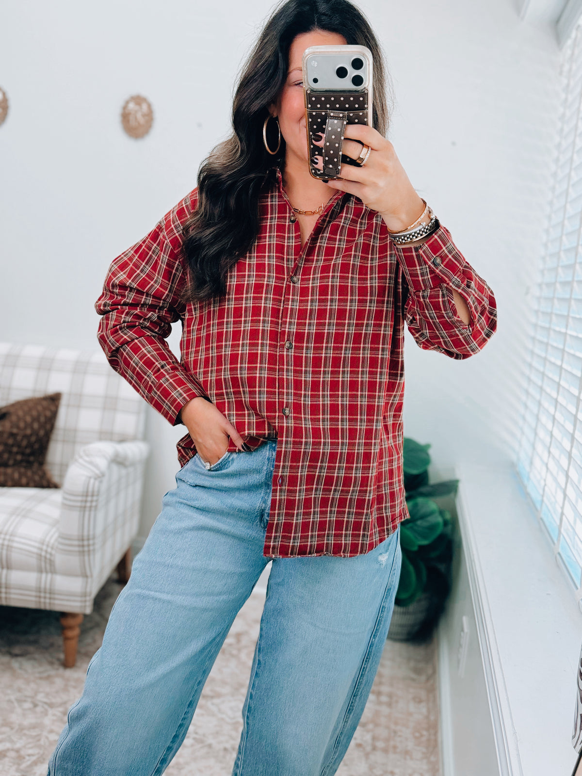 Oversized Plaid Flannel Top - Deep Red