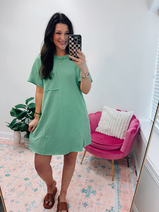 Faith Mineral Wash Pocket Tee Dress - Lime