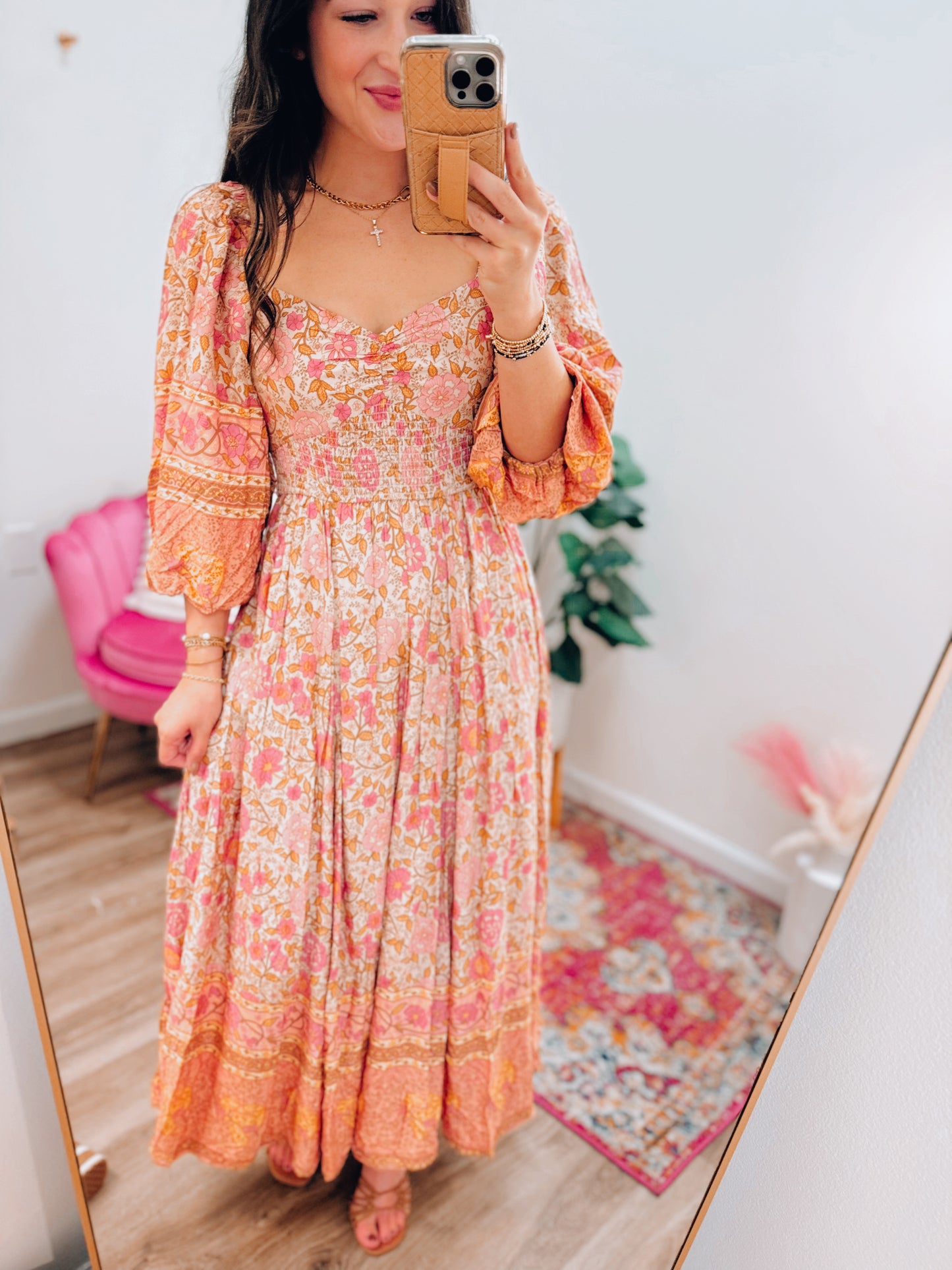 Vintage Border Print Smocked Maxi Dress