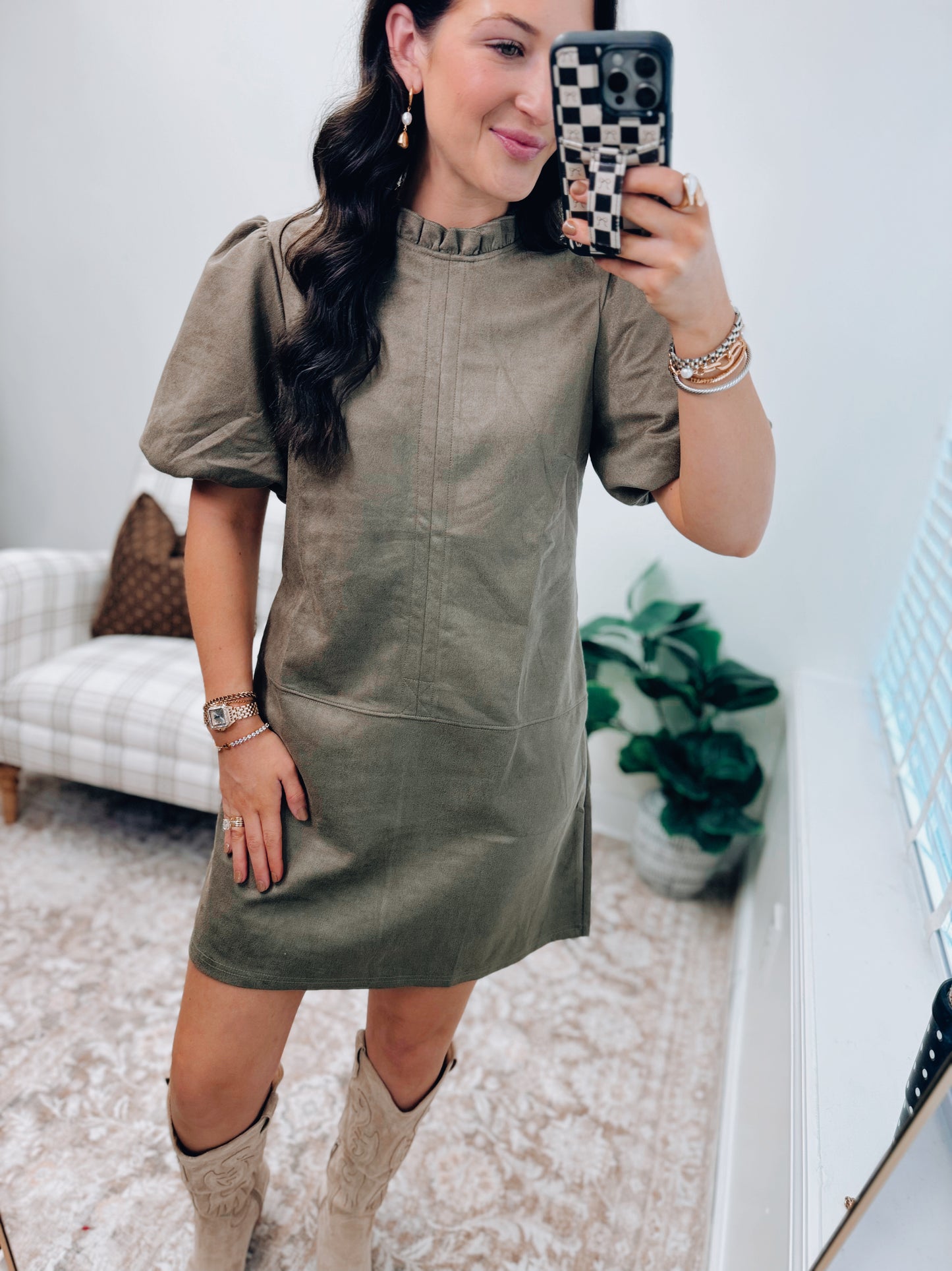 Olive Suede Mini Dress