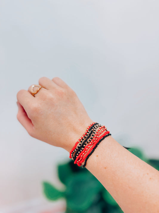 Game Day Seed Beaded Bracelet Stack - Red/Black