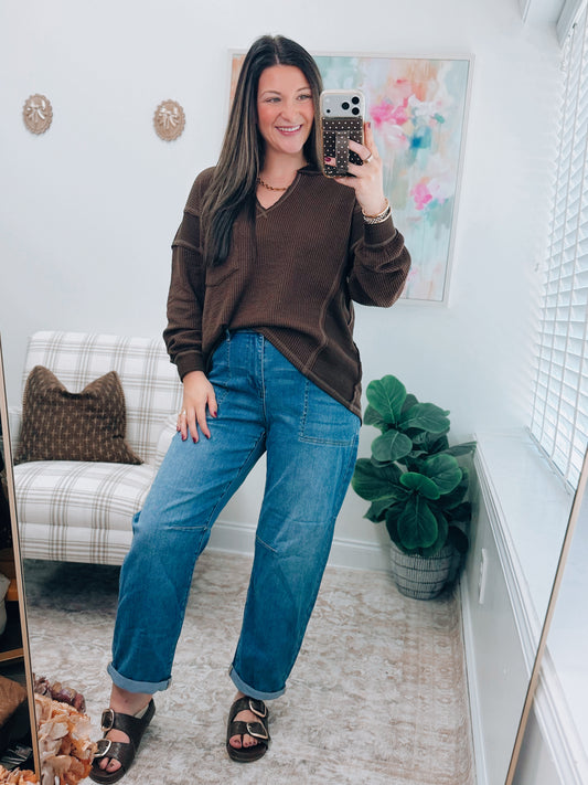 Chocolate Split Neck Raw Hem Sweater Top