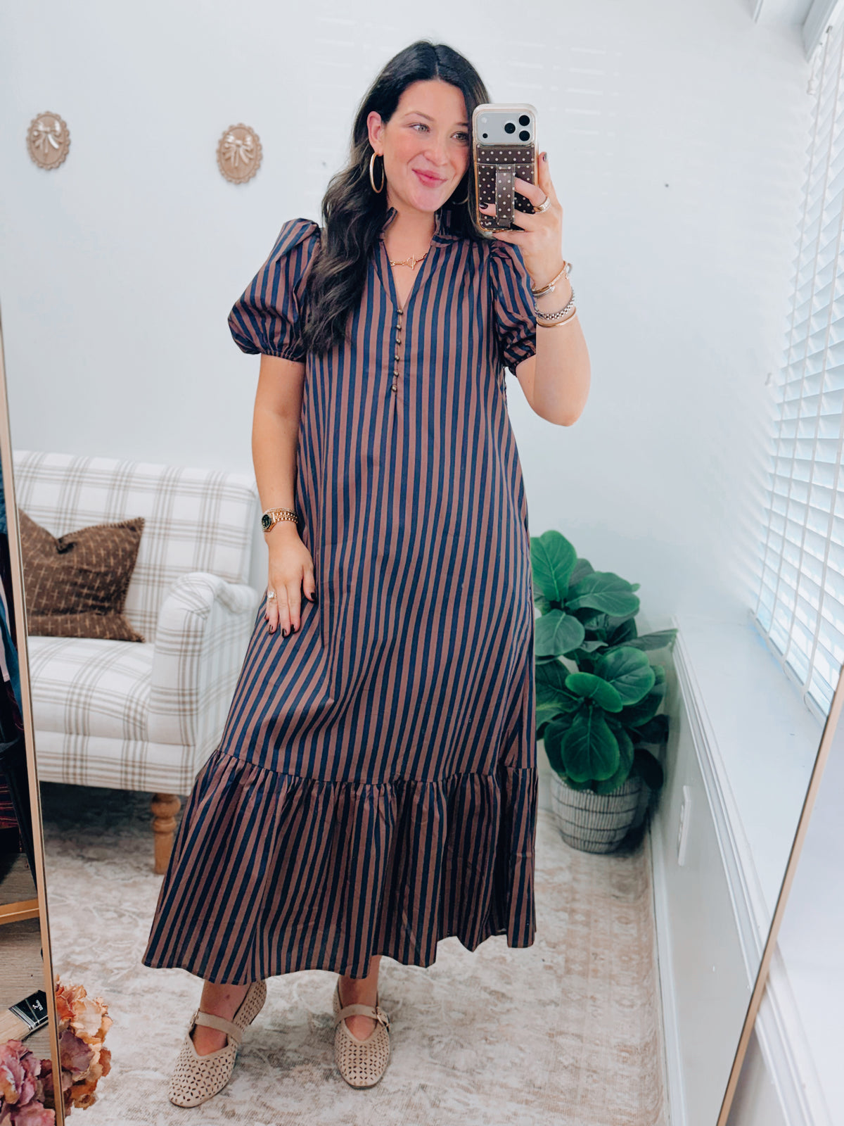 Mocha Navy Striped Button Midi Dress