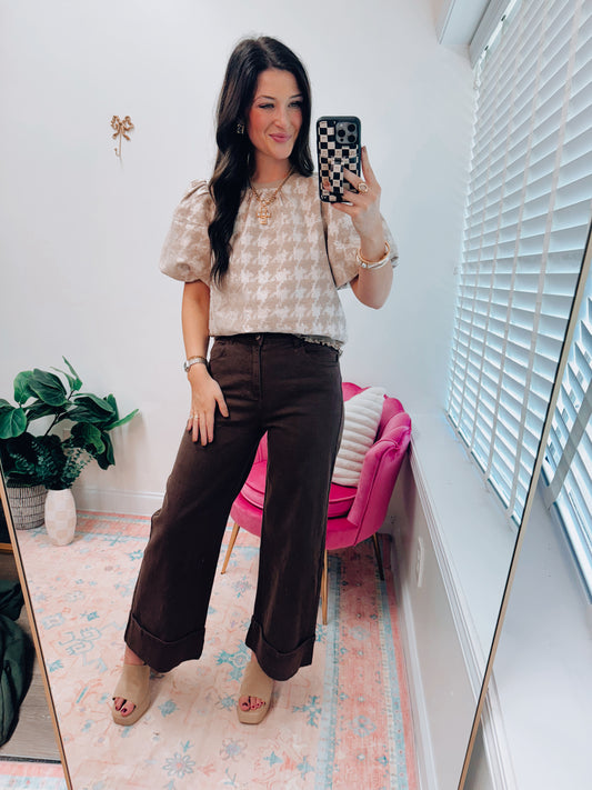 Houndstooth Velvet Puff Top