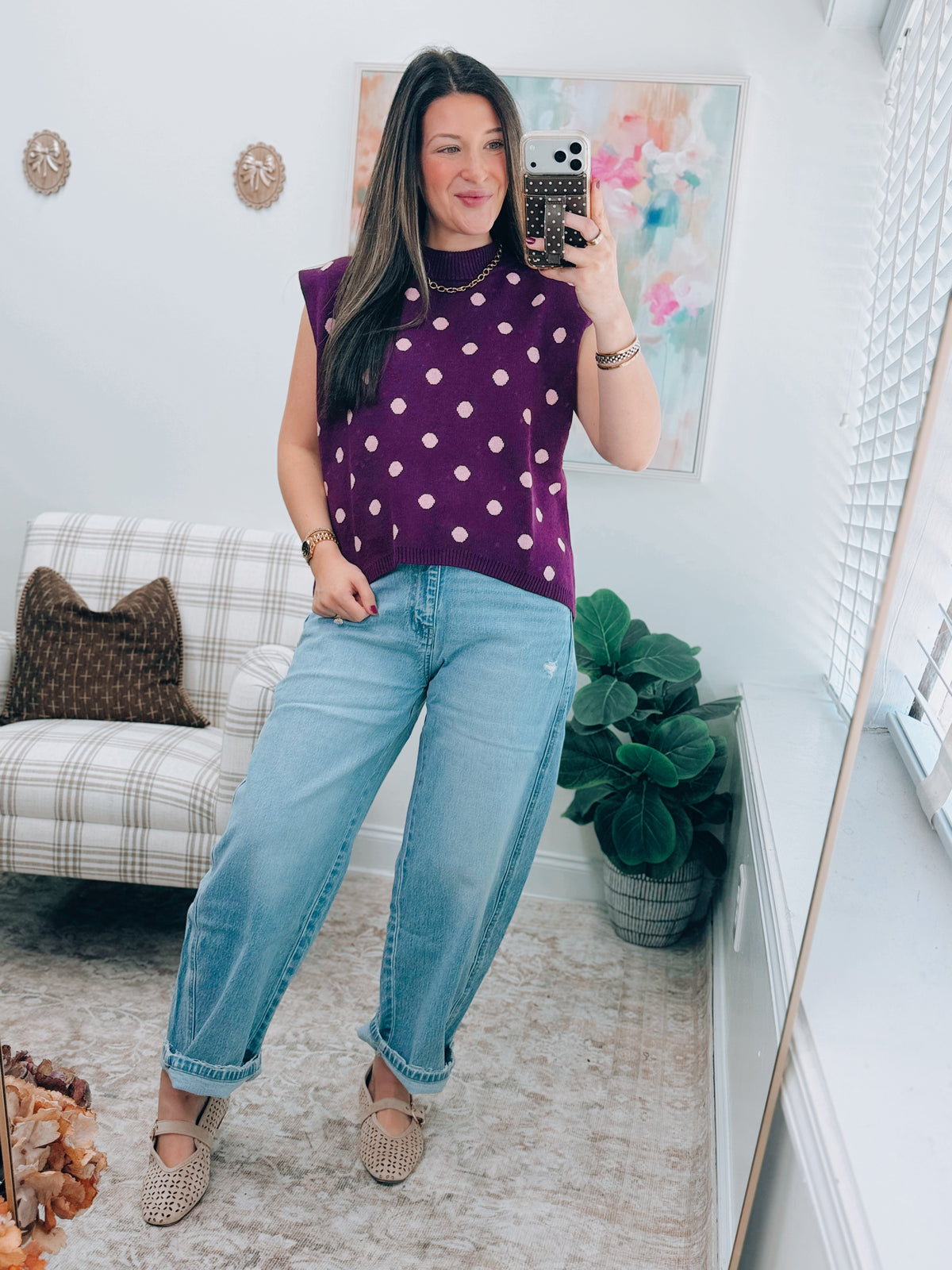 Plum Polka Dot Mock Sweater Top