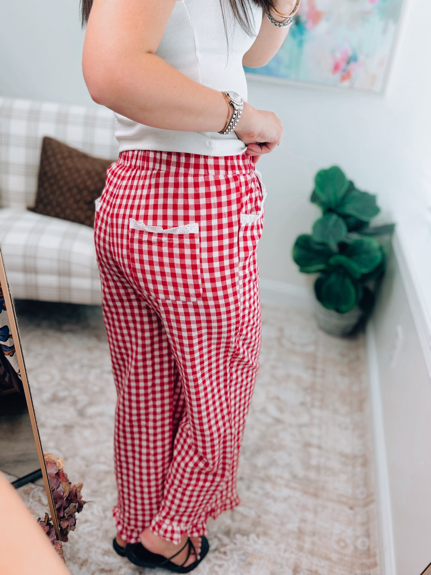 Red Gingham Lace Ruffle Pants