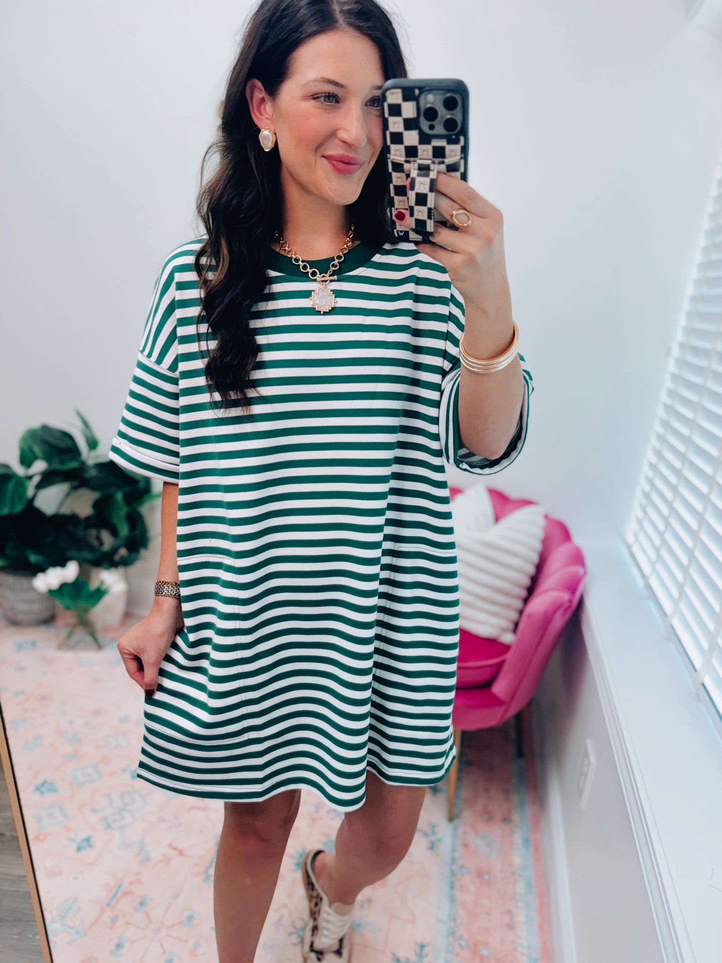 Stripe Knit Pullover Tee Dress - Green