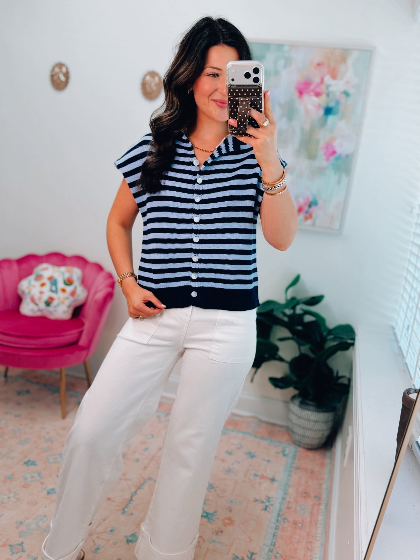 River Button Stripe Cuff Top - Navy