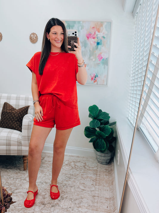 Mineral Washed Scuba Shorts Set - Red