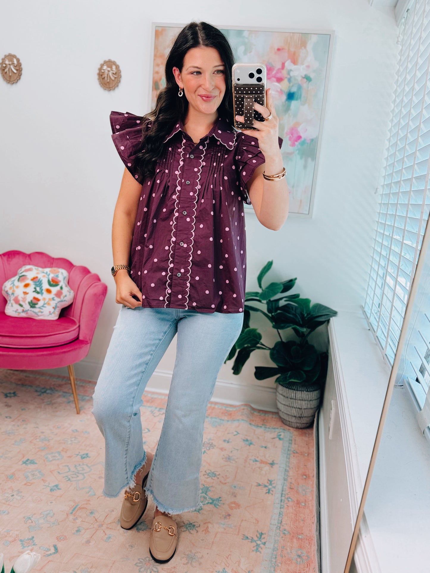 Plum Polka Dot Scallop Top