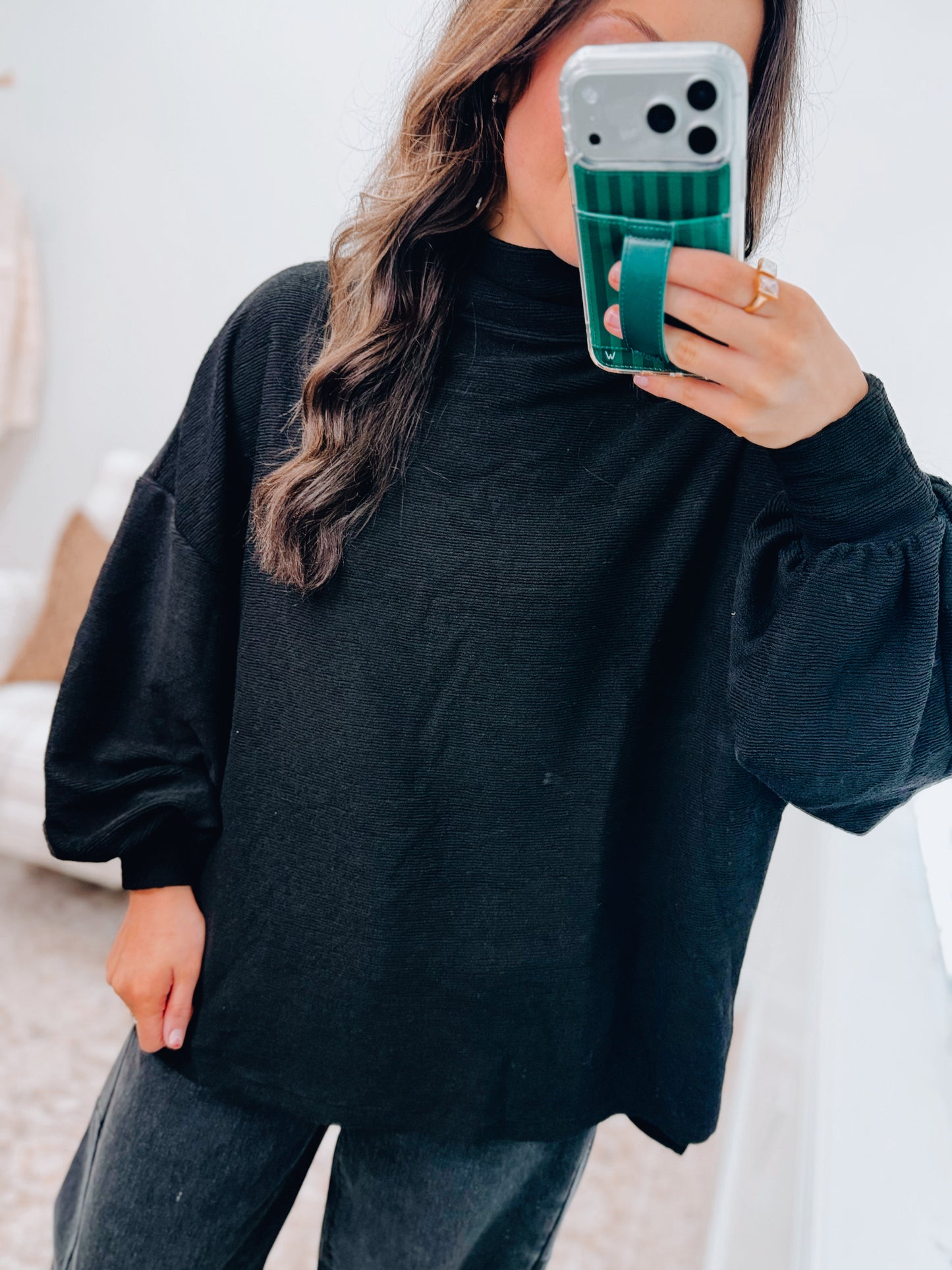 Black Ribbed Mock Neck Balloon Sweater