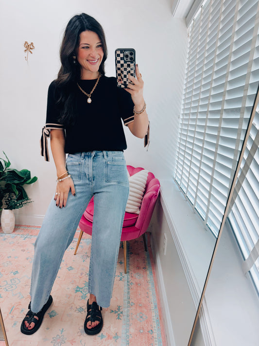 Sweet Magnolia Sweater Bow Top - Black