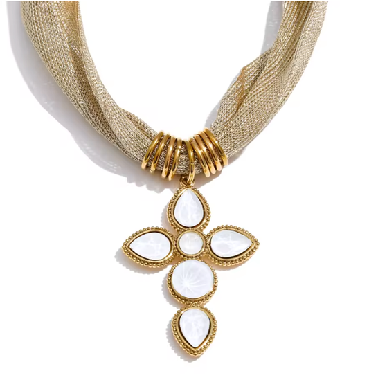 Cross Charm Mesh Statement Necklace | White