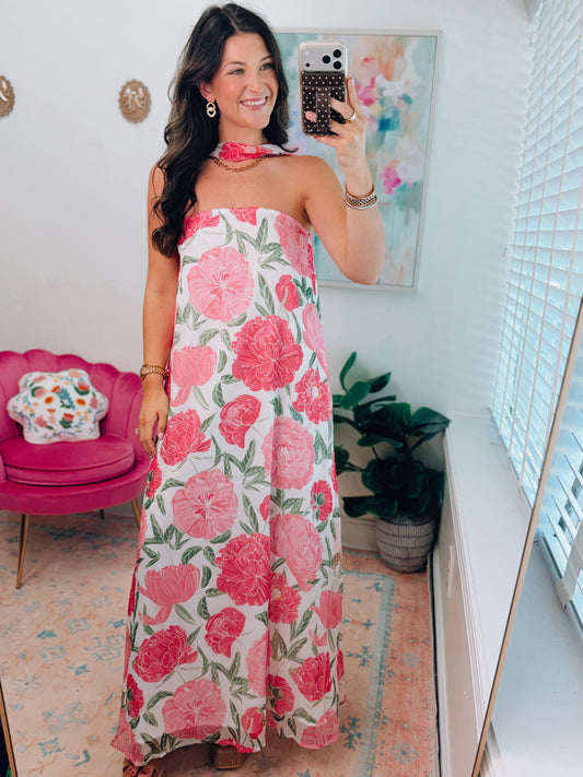 Strapless Pink Floral Maxi Scarf Dress