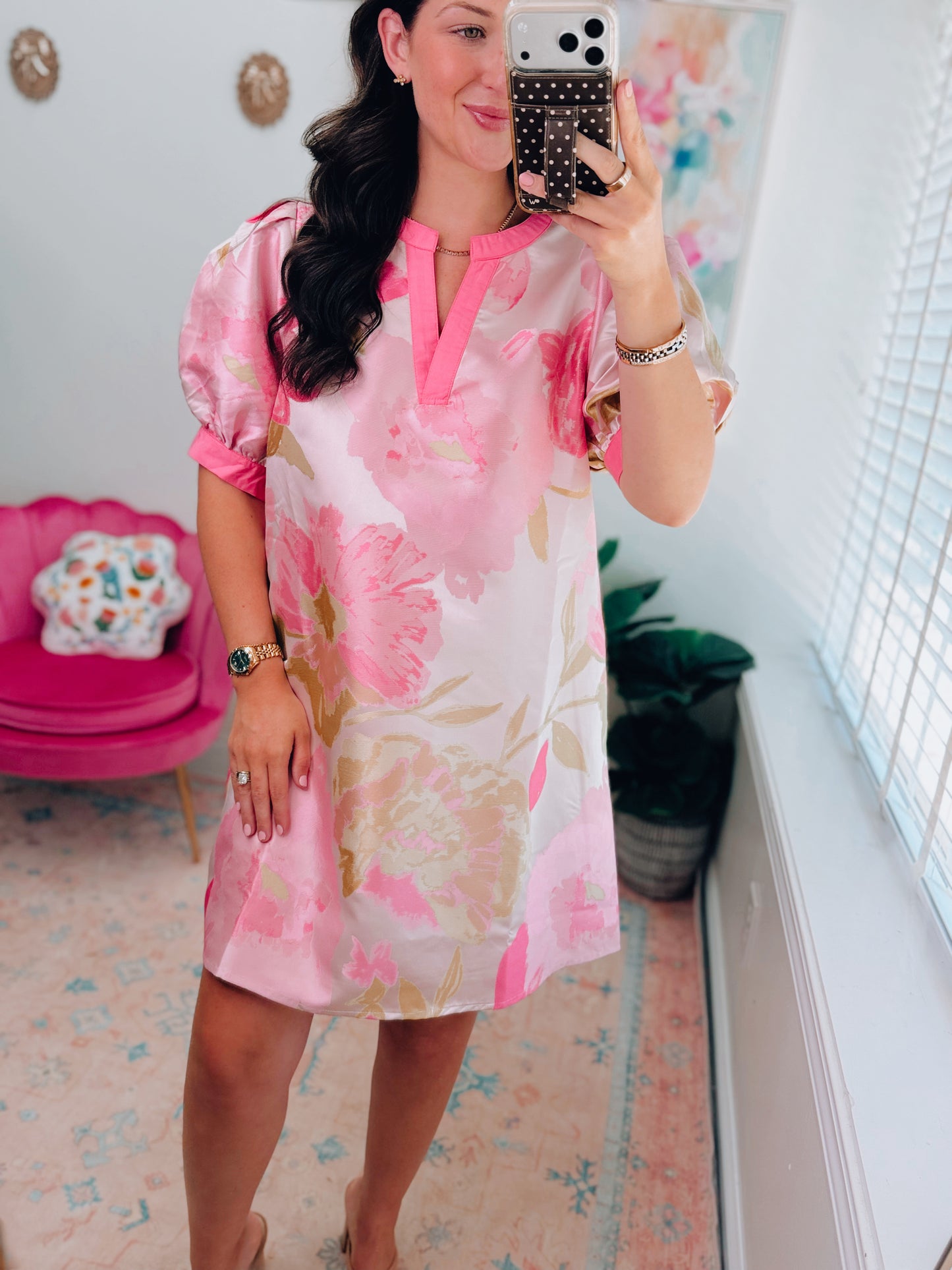 Pink Metallic Floral Mini Dress
