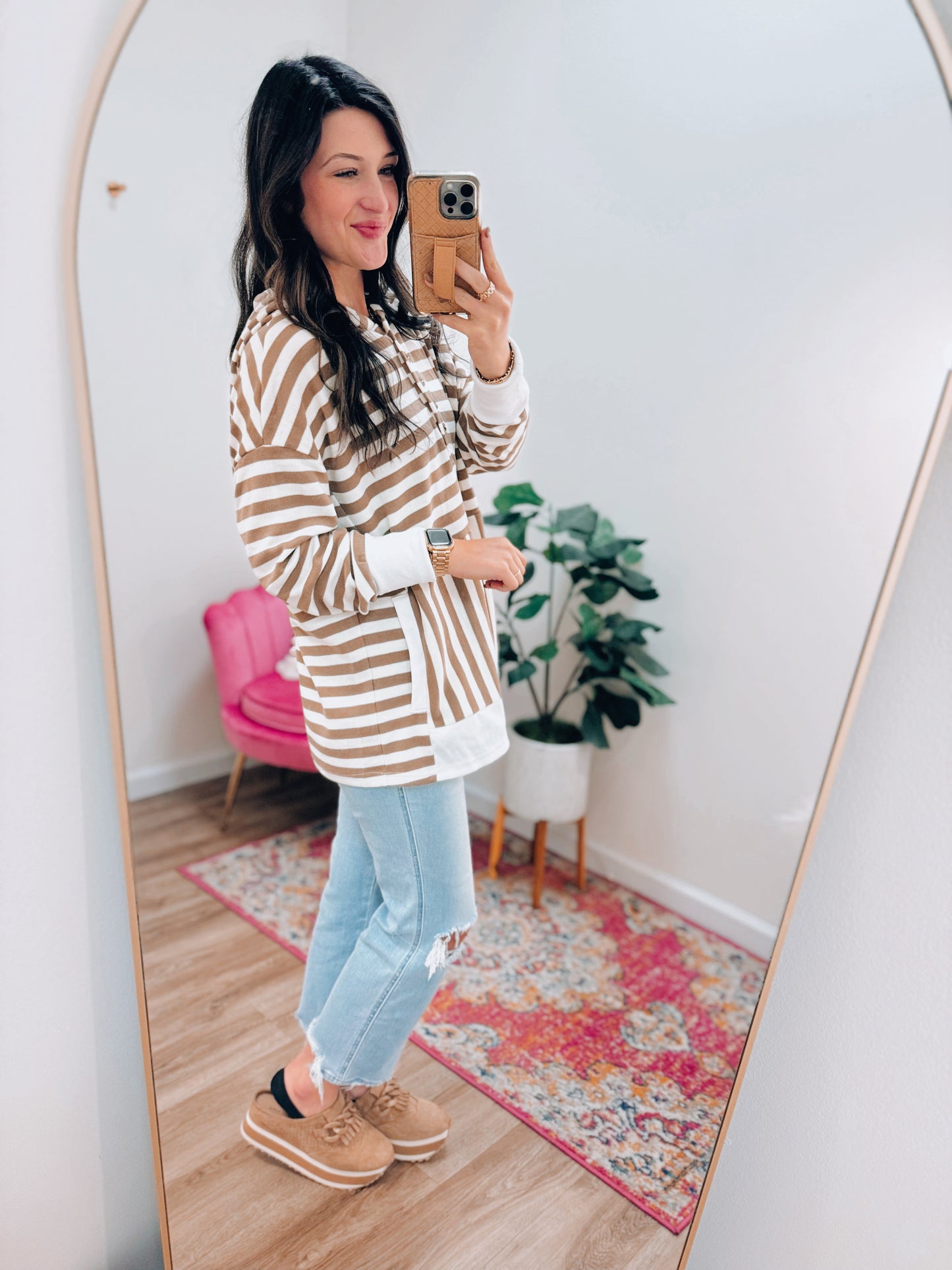 Mocha Striped Button Hooded Pullover