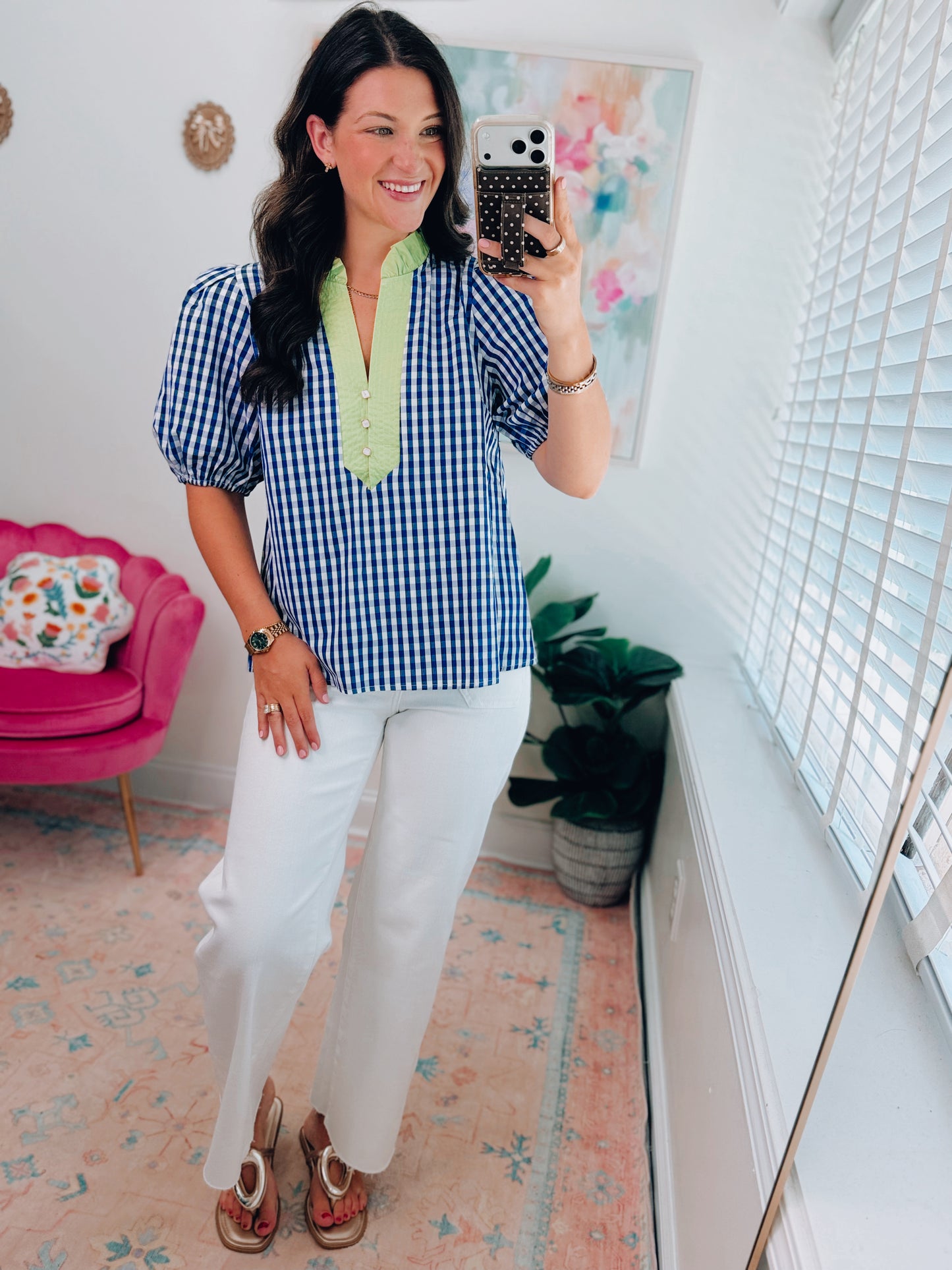 CURVY Indigo Checkered Lime Collar Top
