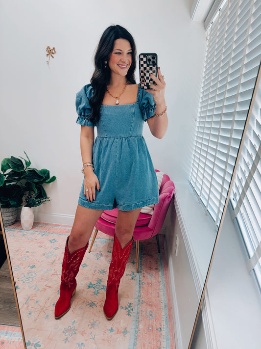 Denim Puff Sleeve Romper