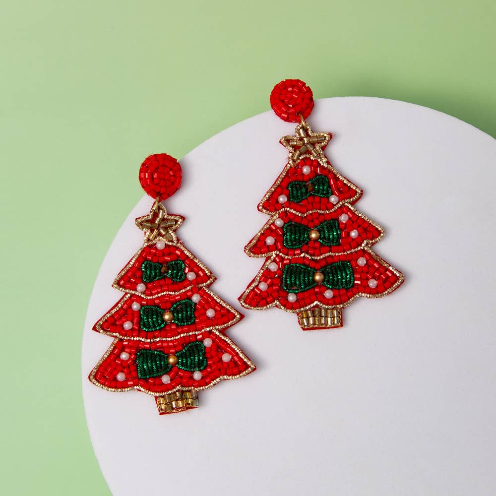 Winter Holiday Beaded Christmas Tree Earrings