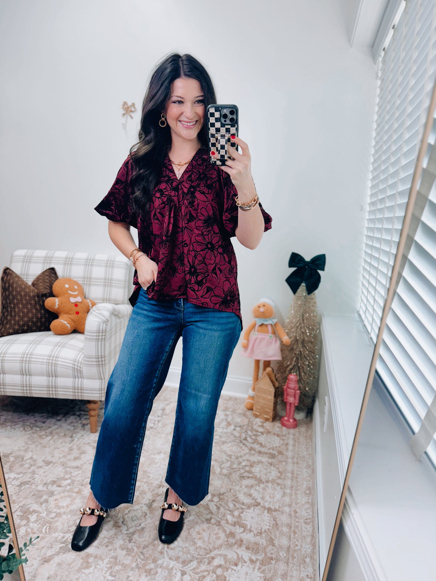 Burgundy V-Neck Stitch Placket Top