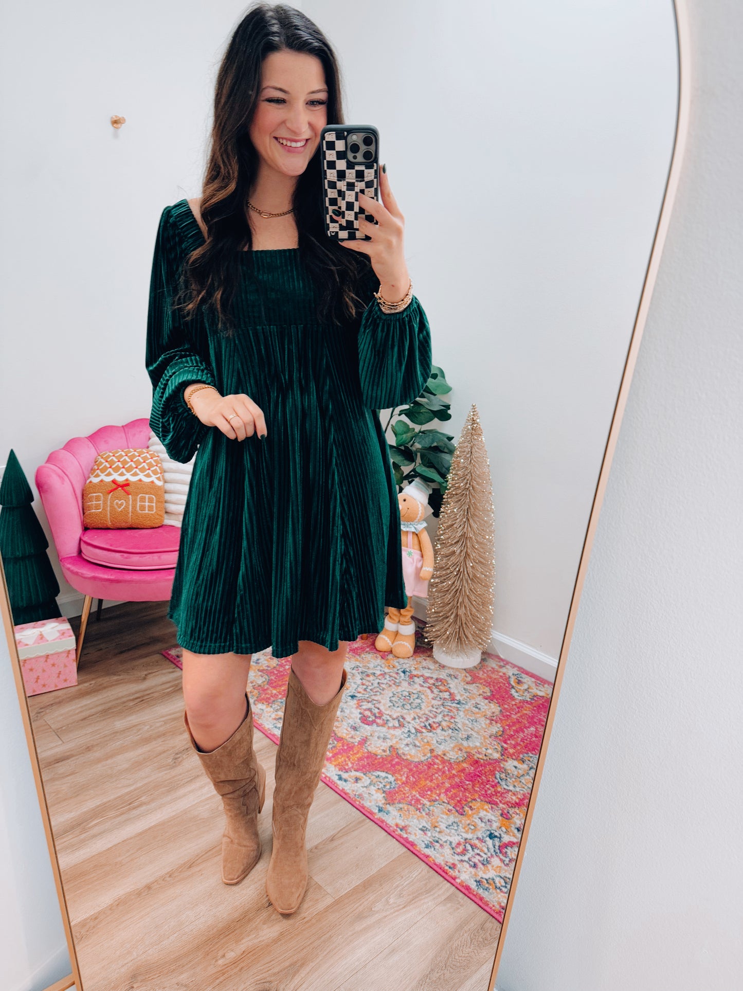 Velvet Ribbed Mini Dress - Green