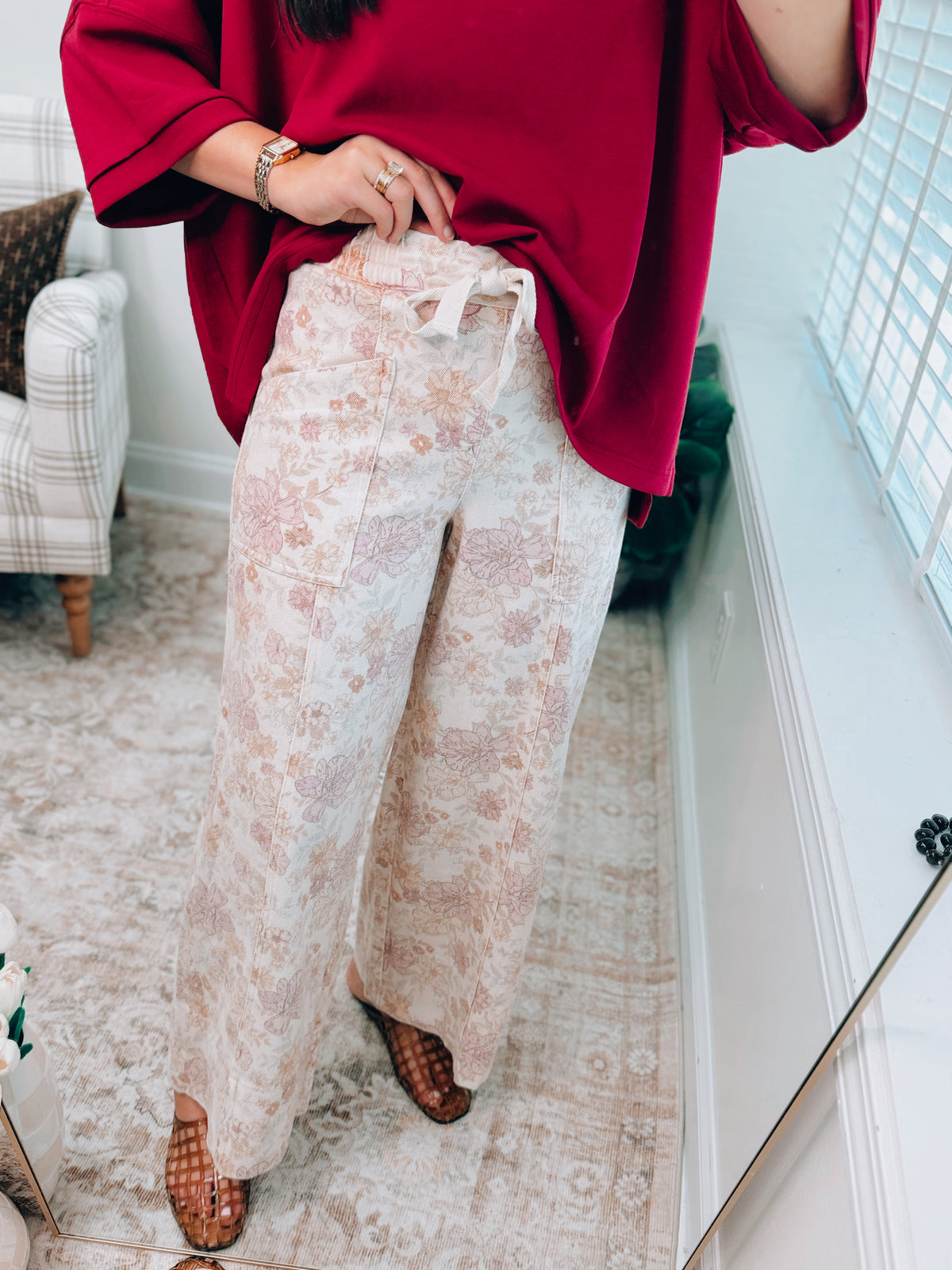Floral Cotton Twill Denim Pants