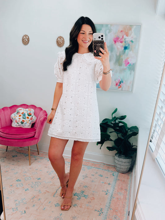 White Eyelet Oversized Collar Mini Dress