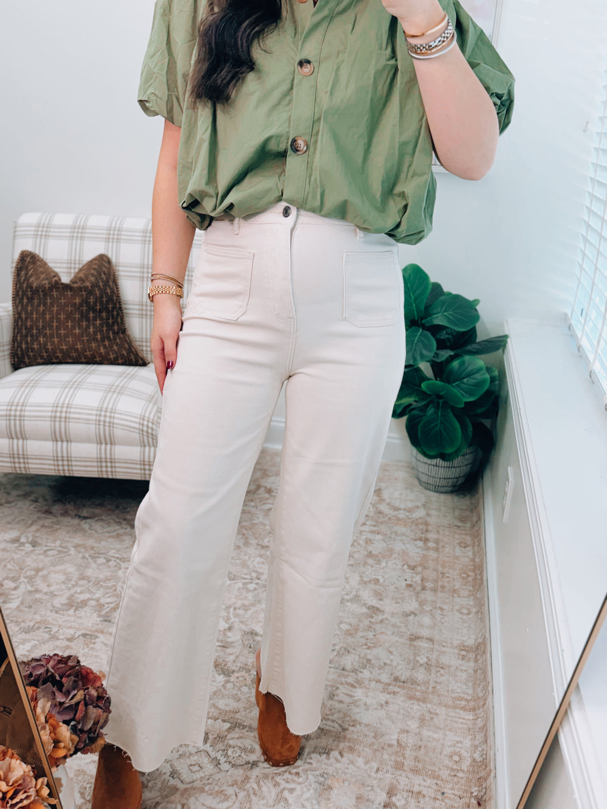 Annie Oatmeal Front Pocket Wide-Leg Denim