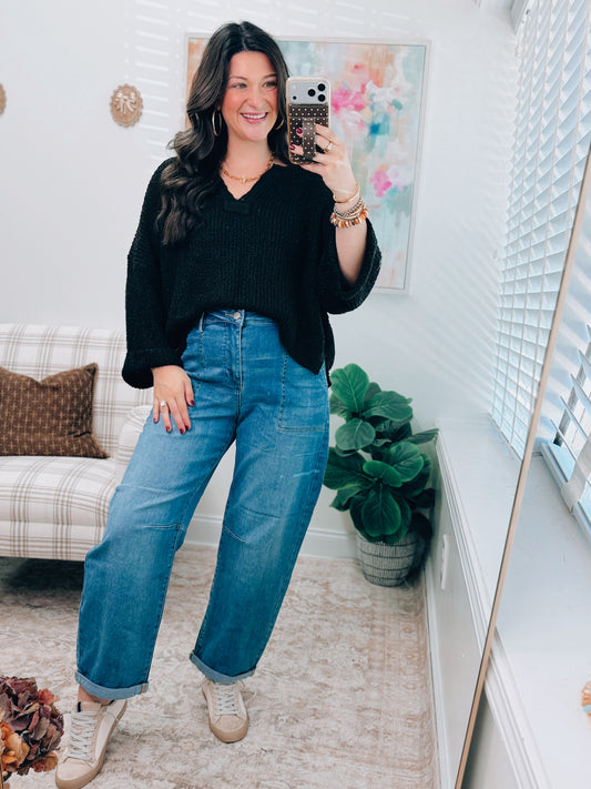 Black Chunky Raw Knit Top