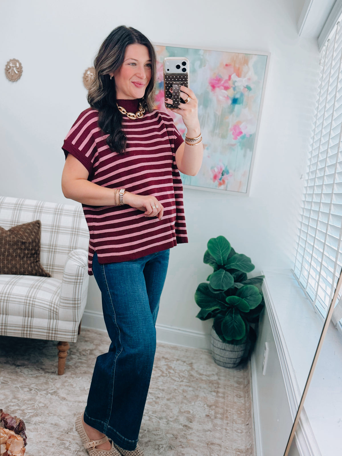 Burgundy Striped Mock Neck Sweater Top