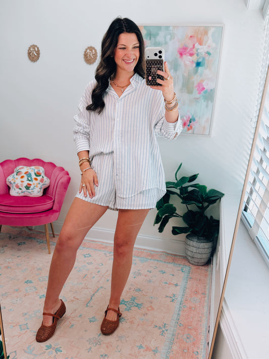 Henley Striped Button Up Shorts Set - Blue