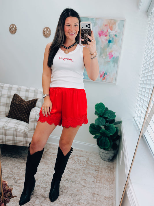 Satin Lace Shorts - Red