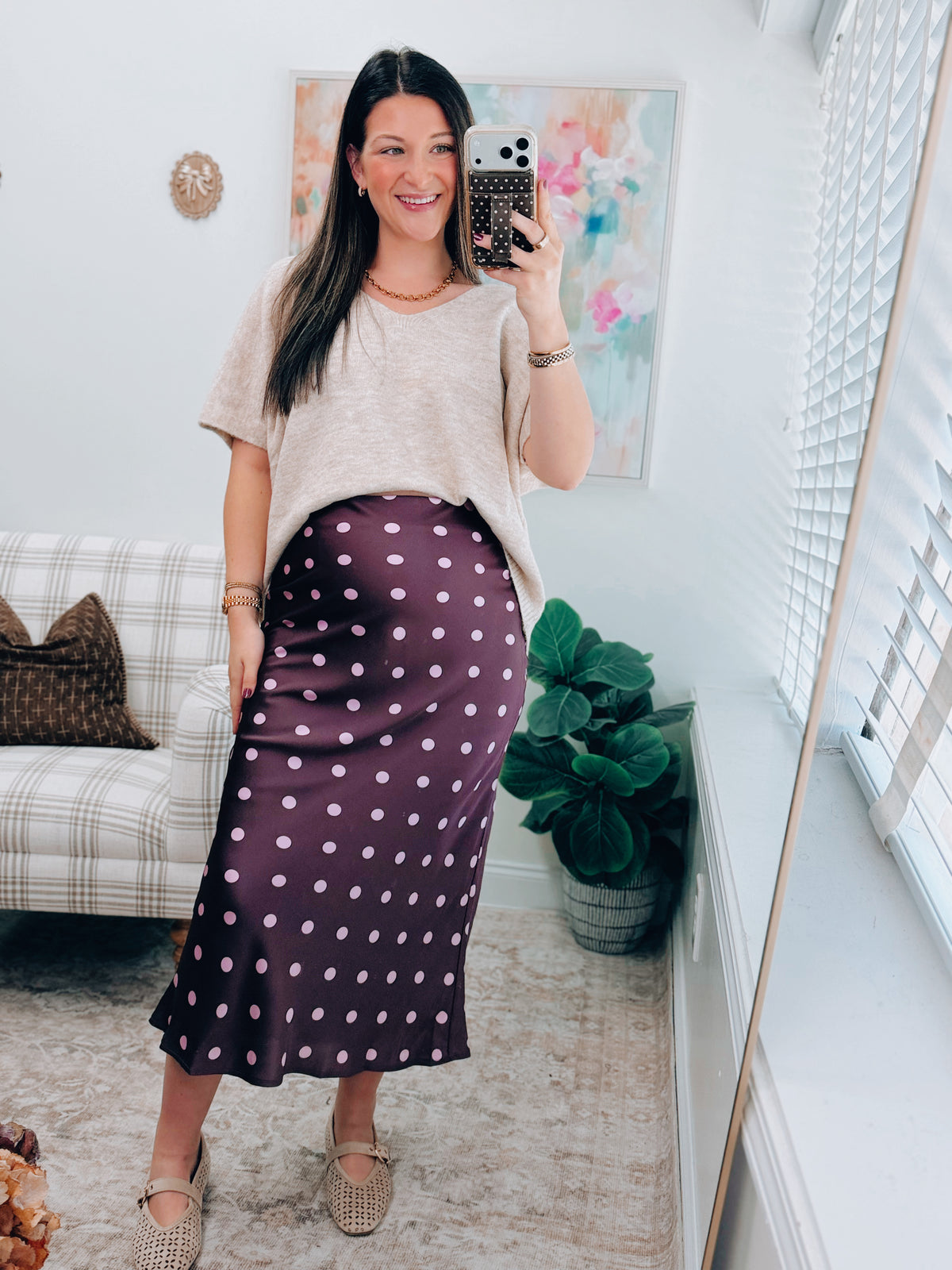 Plum Polka Dot Midi Skirt
